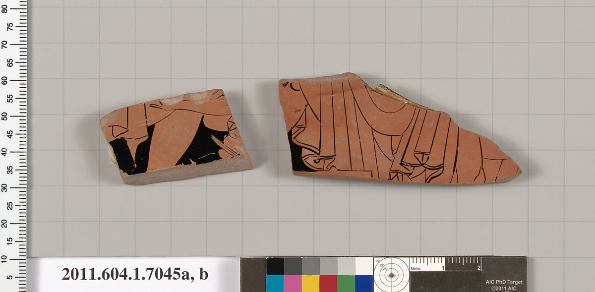 Terracotta fragments of a kylix (drinking cup), Terracotta, Greek, Attic