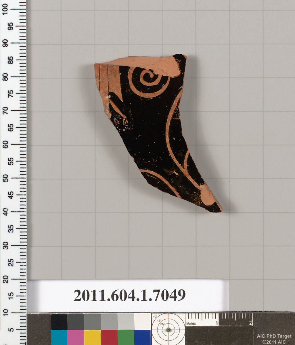 Terracotta fragment of a kylix (drinking cup), Terracotta, Greek, Attic