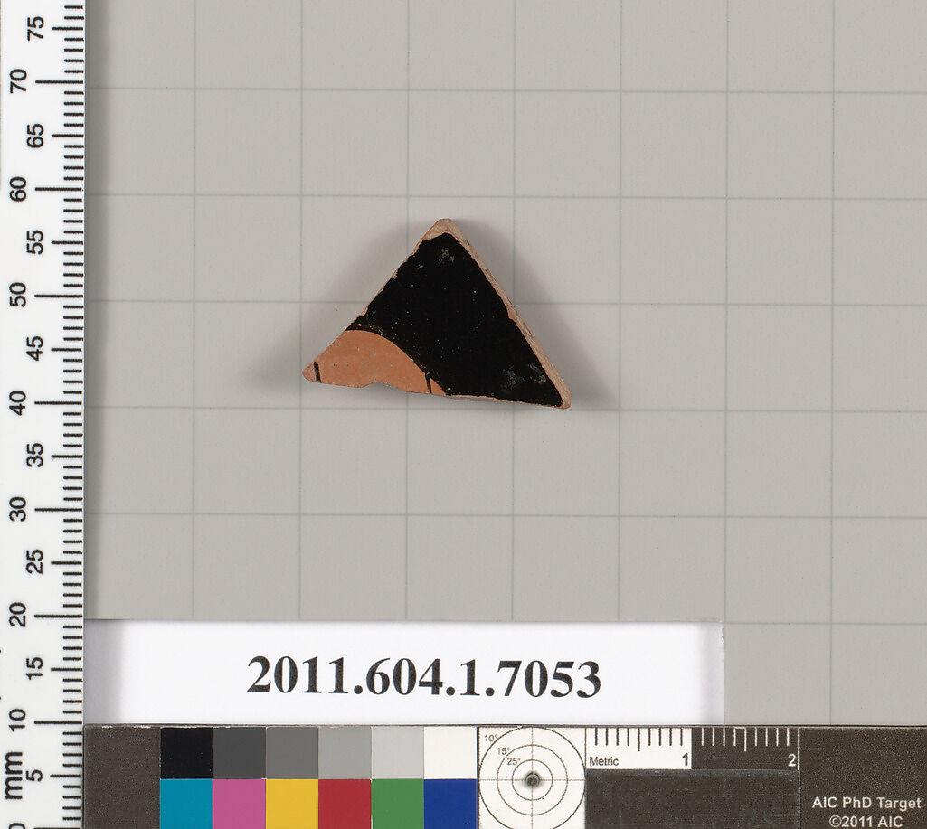 Terracotta fragment of a kylix (drinking cup), Terracotta, Greek, Attic 