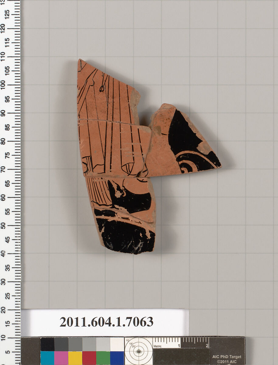 Terracotta fragment of a kylix (drinking cup), Terracotta, Greek, Attic