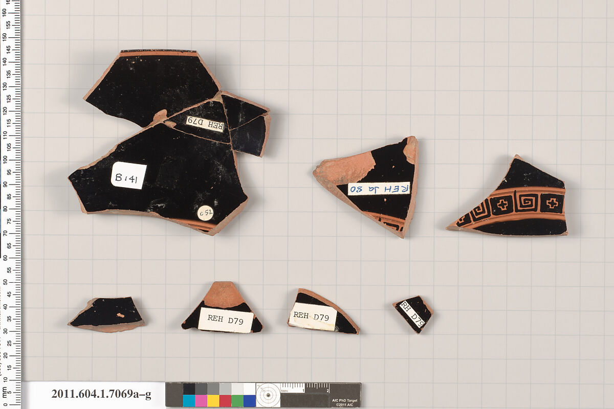Terracotta fragments of a kylix (drinking cup), Terracotta, Greek, Attic