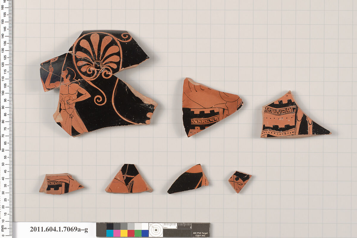 Terracotta fragments of a kylix (drinking cup), Terracotta, Greek, Attic 