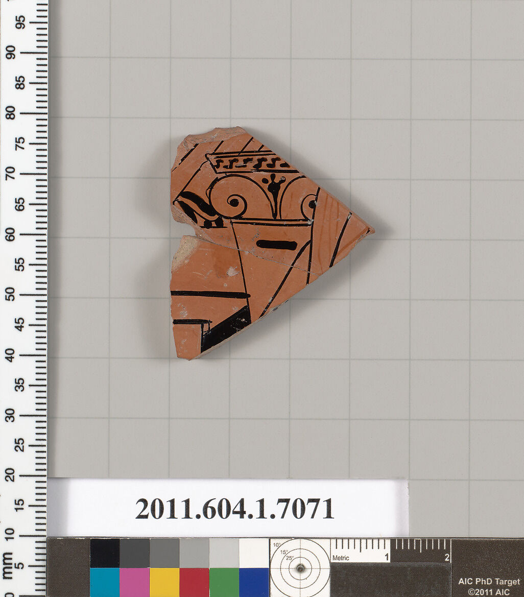Terracotta fragment of a kylix (drinking cup), Terracotta, Greek, Attic