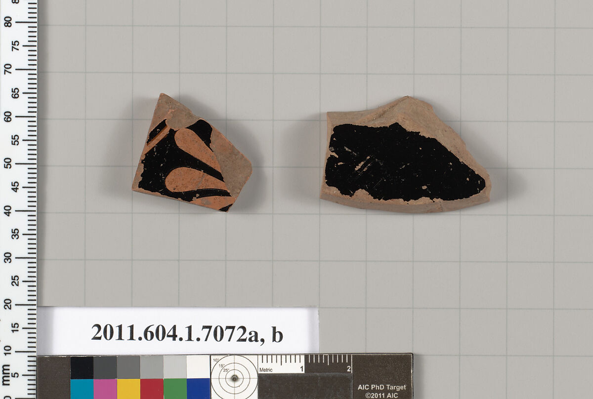 Terracotta fragments of a kylix (drinking cup), Terracotta, Greek, Attic