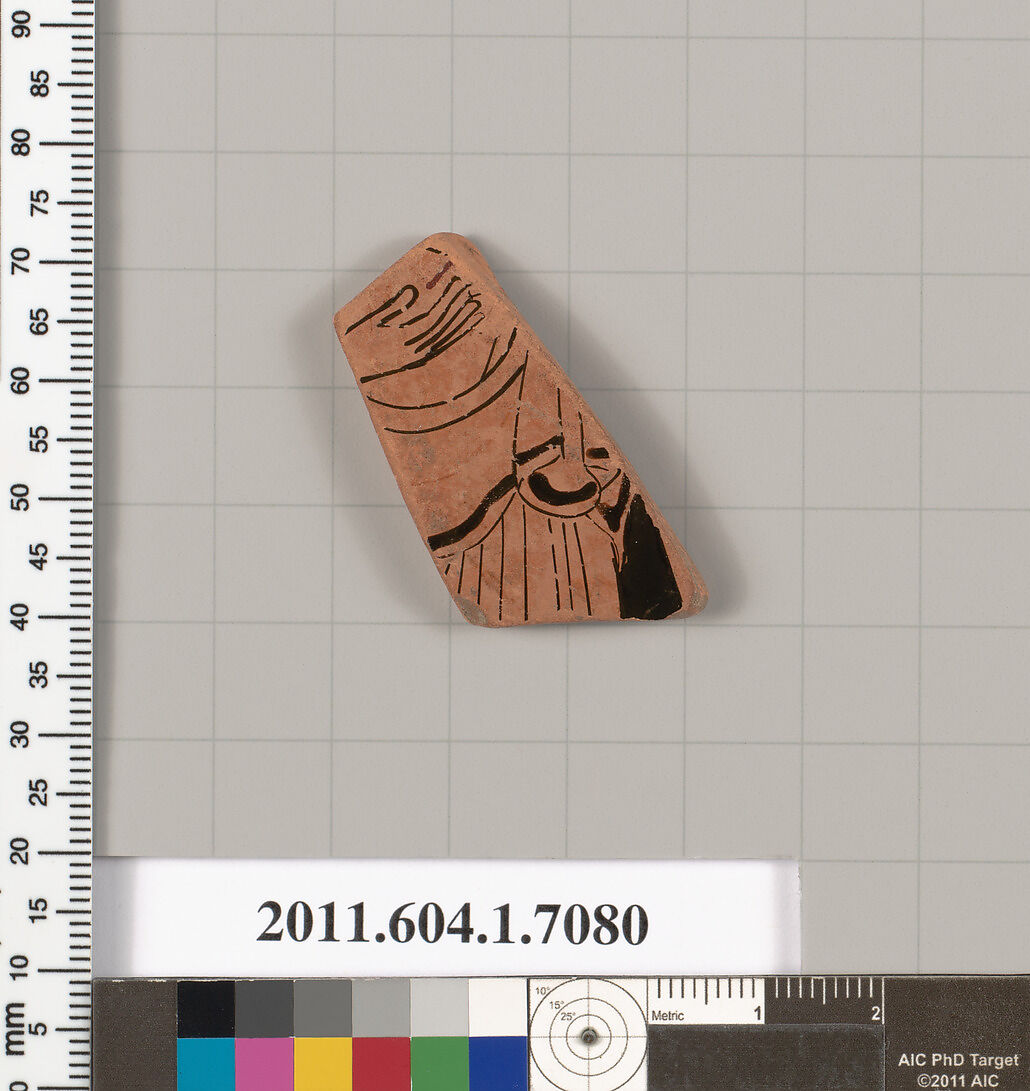 Terracotta fragment of a kylix (drinking cup), Terracotta, Greek, Attic 