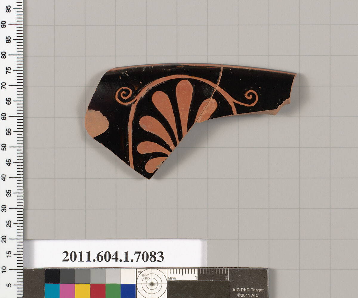 Terracotta rim fragment of a kylix (drinking cup), Terracotta, Greek, Attic 