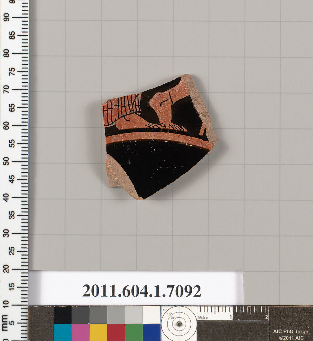 Terracotta fragment of a kylix (drinking cup), Terracotta, Greek, Attic