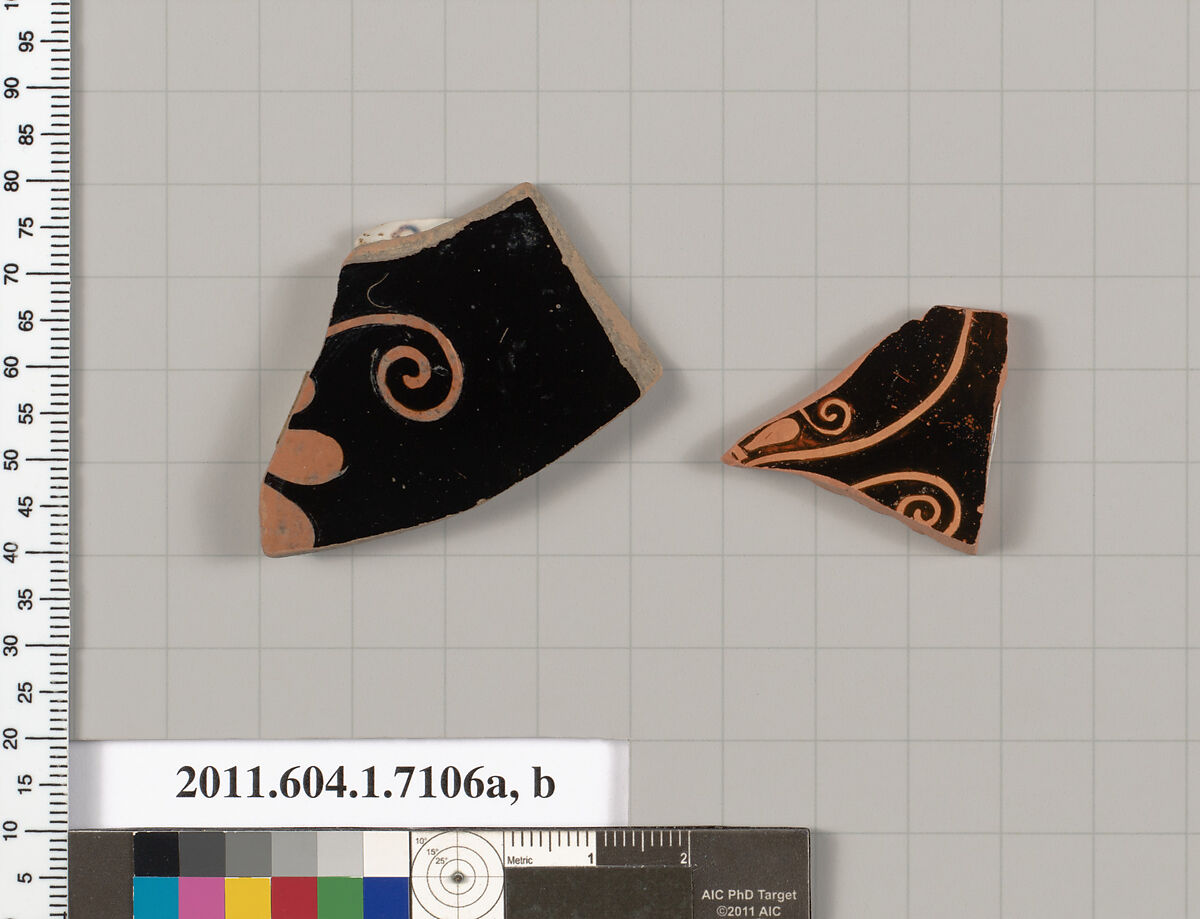 Terracotta fragments of kylikes (drinking cups), Terracotta, Greek, Attic