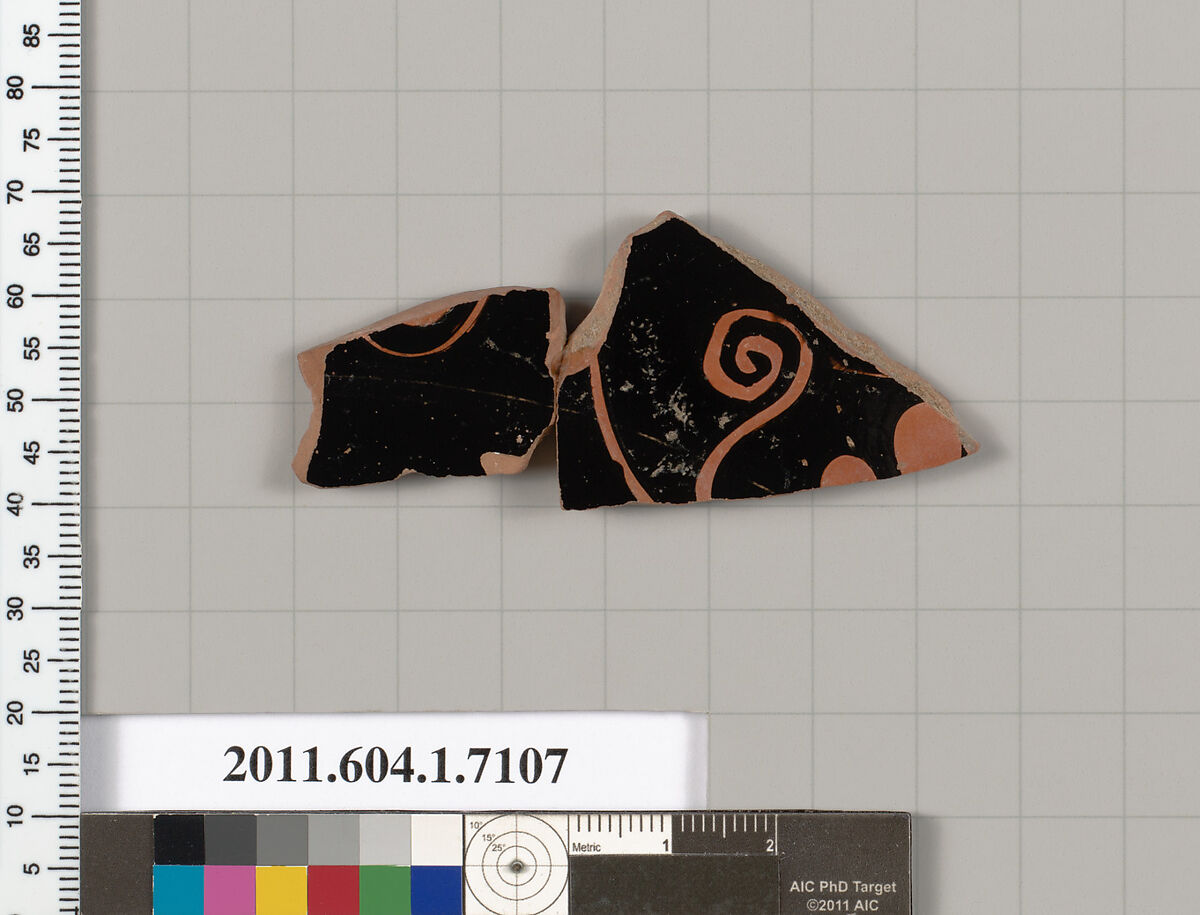 Terracotta fragment of a kylix (drinking cup), Terracotta, Greek, Attic
