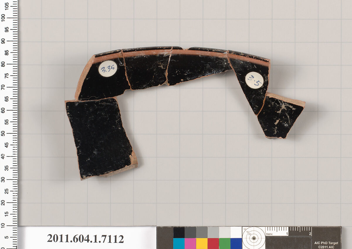 Terracotta rim fragment of a kylix (drinking cup), Terracotta, Greek, Attic