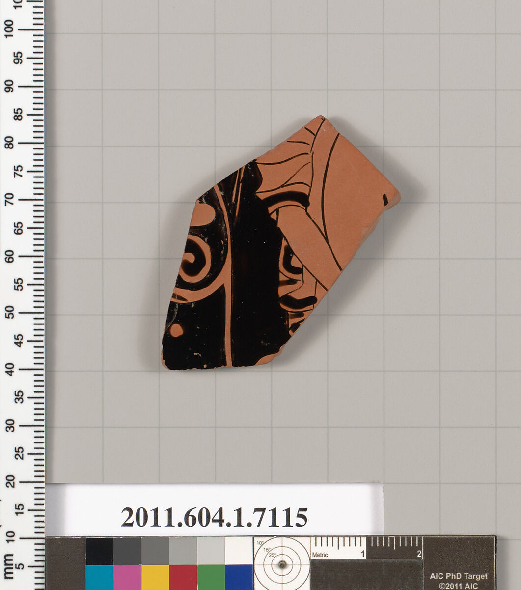 Terracotta fragment of a kylix (drinking cup), Terracotta, Greek, Attic