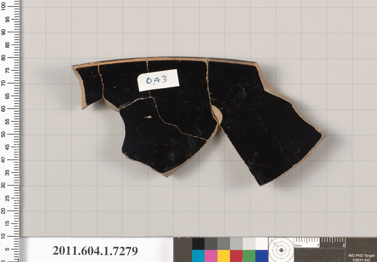 Terracotta rim fragment of a kylix (drinking cup), Terracotta, Greek, Attic