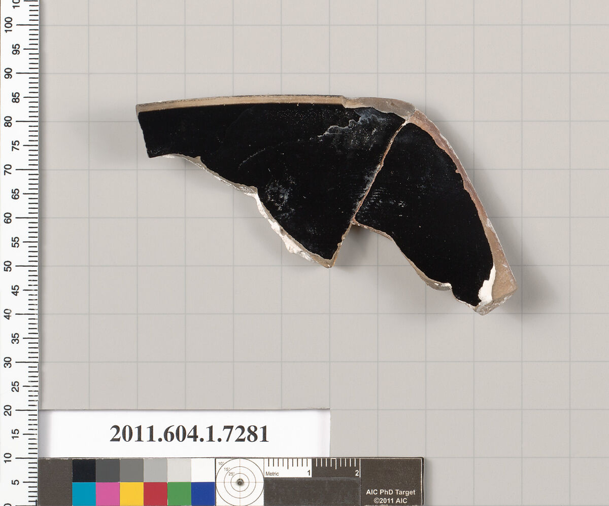 Terracotta rim fragment of a kylix (drinking cup), Terracotta, Greek, Attic