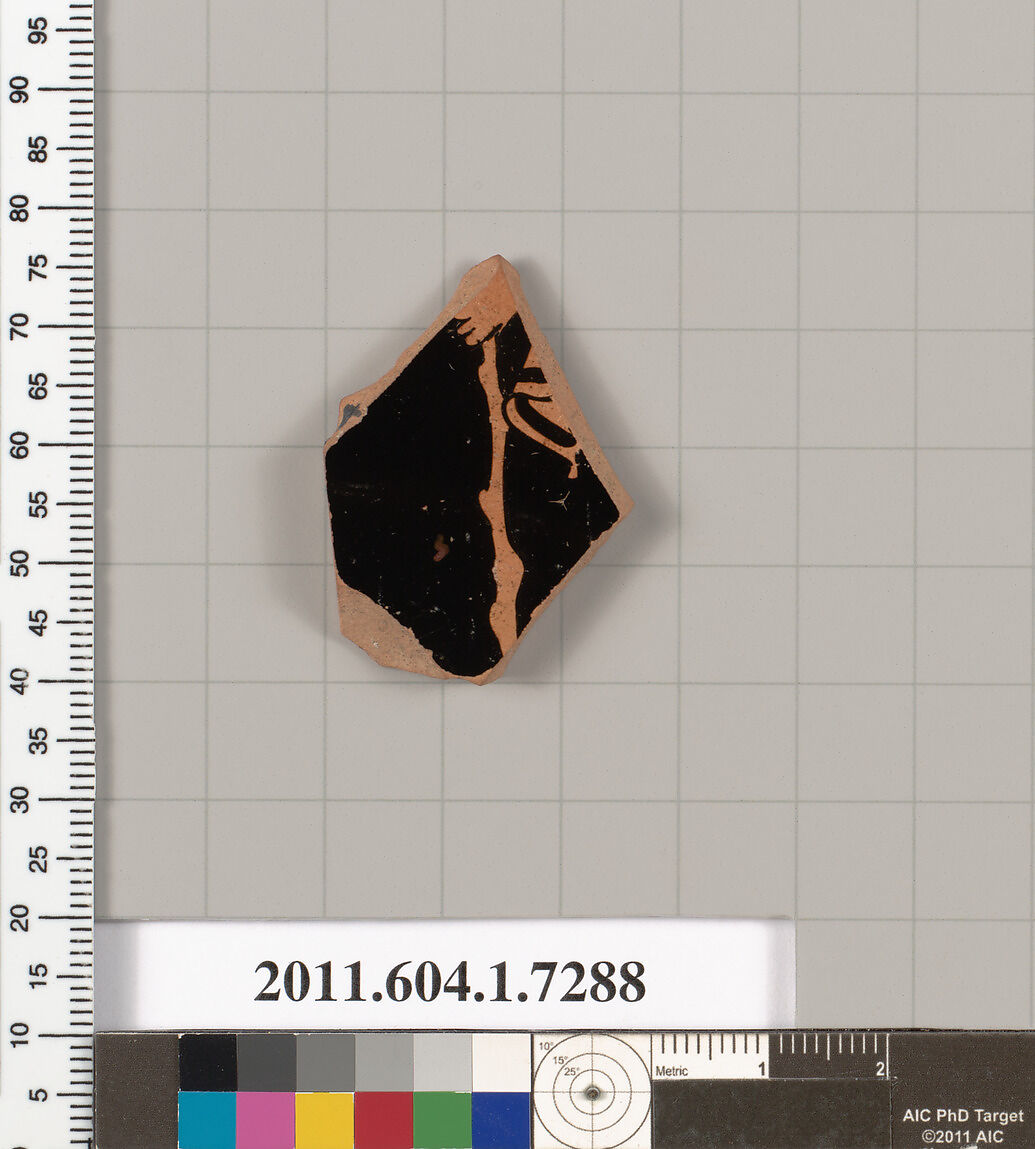 Terracotta fragment of a kylix (drinking cup), Terracotta, Greek, Attic
