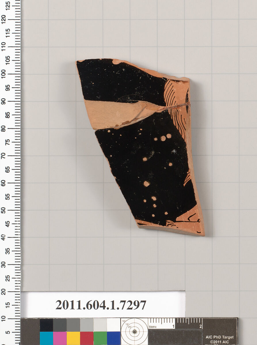 Terracotta fragment of a kylix (drinking cup), Terracotta, Greek, Attic
