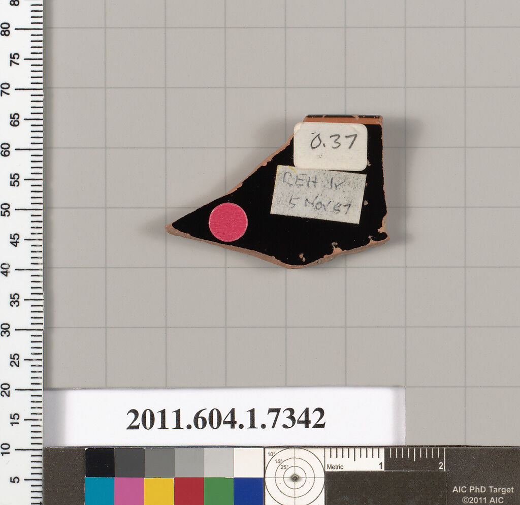 Terracotta rim fragment of a kylix (drinking cup), Terracotta, Greek, Attic