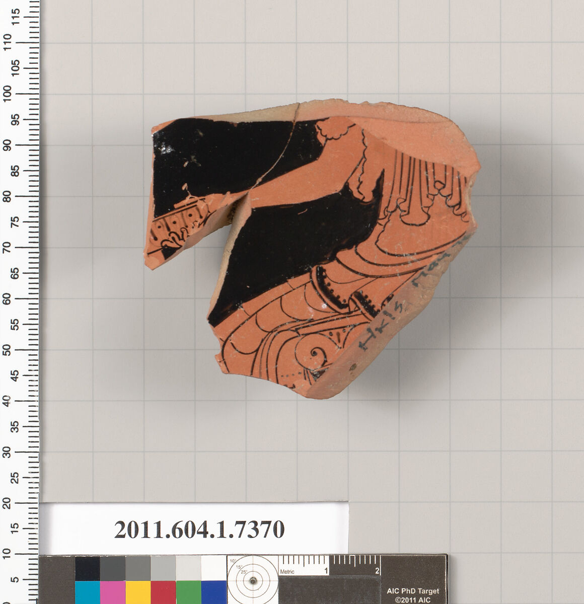 Terracotta fragment of a kylix (drinking cup), Terracotta, Greek, Attic 