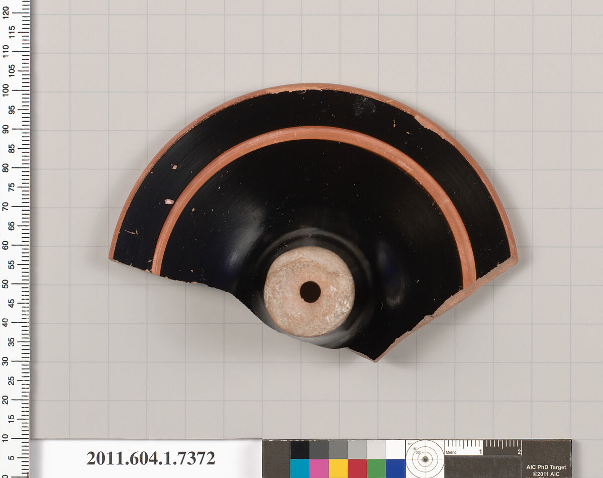 Terracotta fragment of a kylix (drinking cup), Terracotta, Greek, Attic
