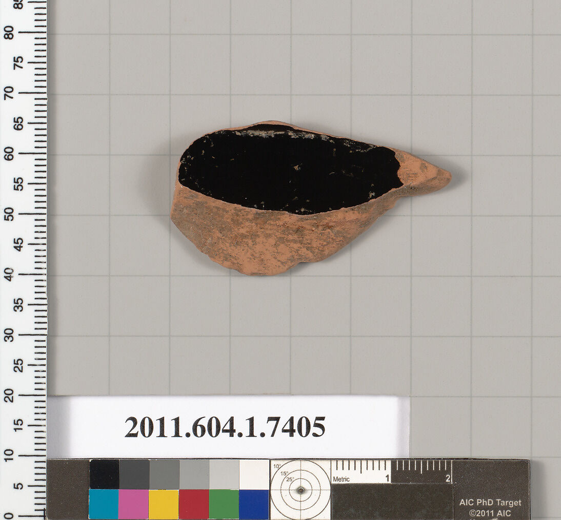 Terracotta fragment of a kylix (drinking cup), Terracotta, Greek, Attic