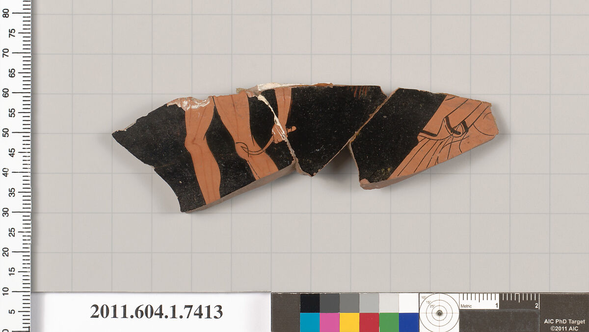 Terracotta fragment of a kylix (drinking cup), Terracotta, Greek, Attic