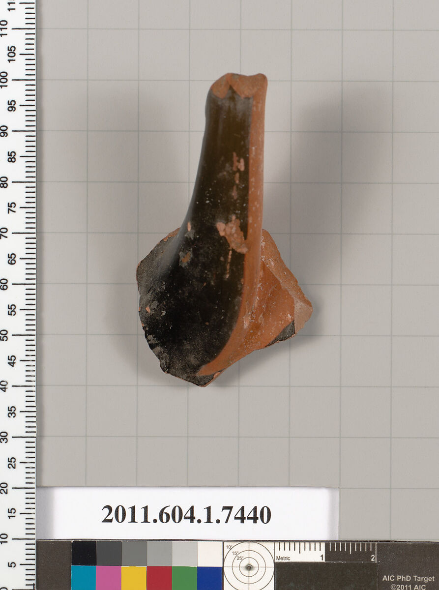 Terracotta fragment of a kylix (drinking cup), Terracotta, Greek, Attic 