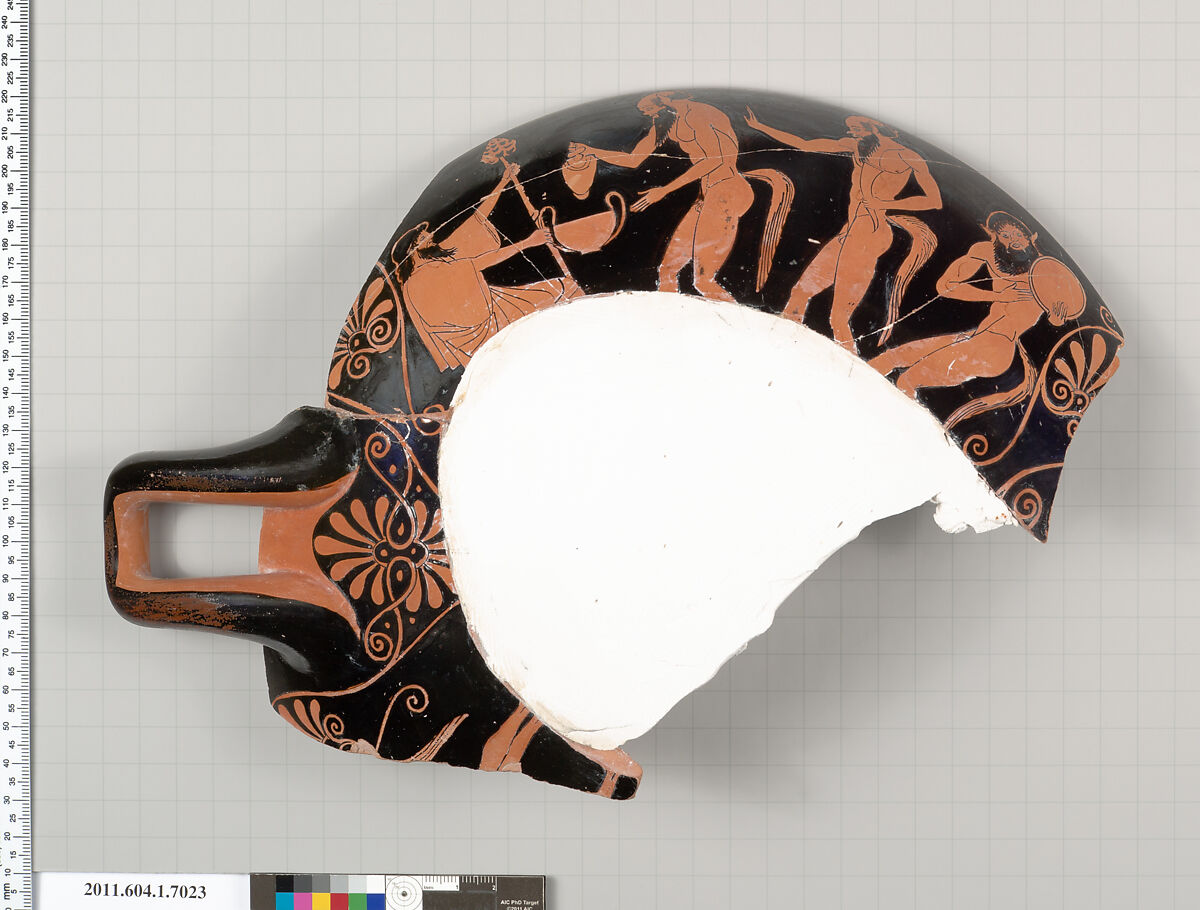 Terracotta fragment of a kylix (drinking cup), Attributed to the Oedipus Painter [DvB], Terracotta, Greek, Attic