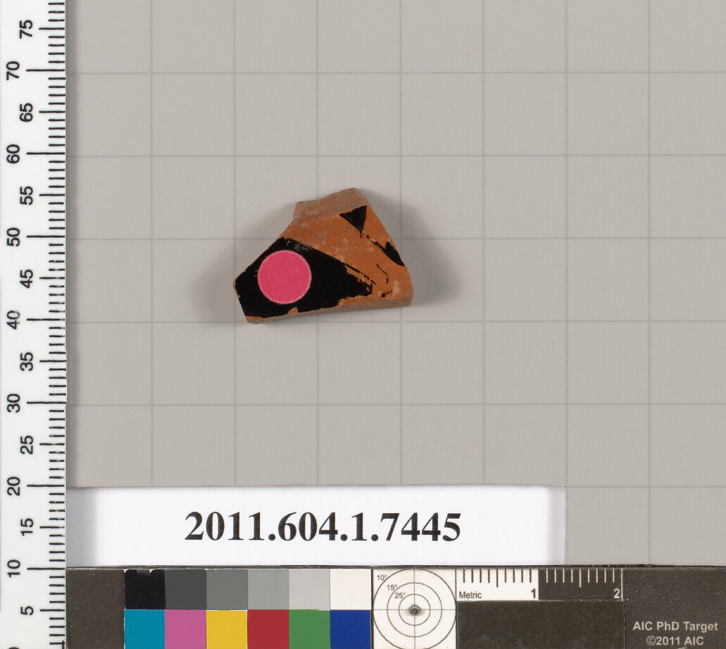 Terracotta fragment of a kylix (drinking cup), Attributed to the Painter of Acropolis 356 [DvB], Terracotta, Greek, Attic