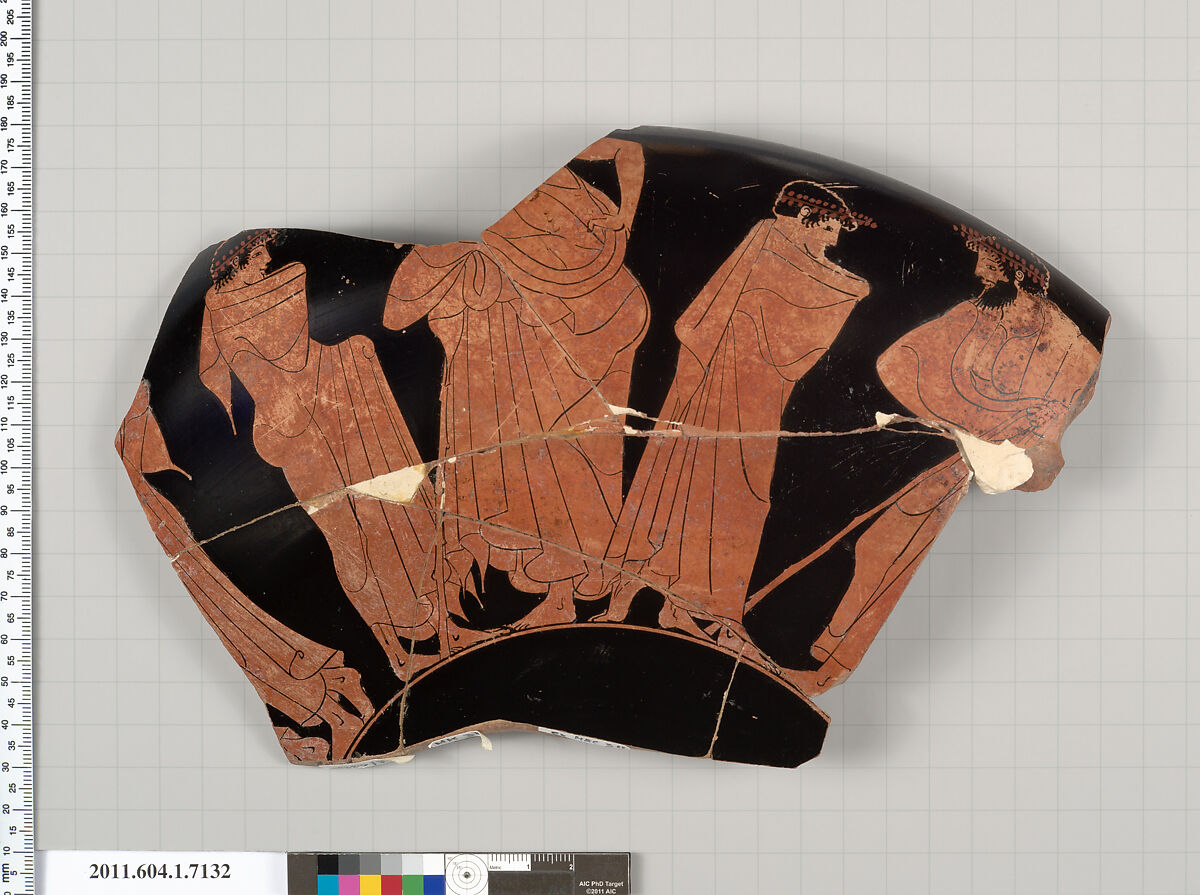 Terracotta fragment of a kylix (drinking cup), Attributed to Makron [DvB], Terracotta, Greek, Attic