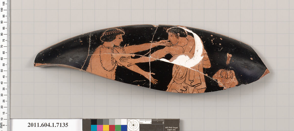 Terracotta rim fragment of a kylix (drinking cup), Attributed to Makron [DvB], Terracotta, Greek, Attic 