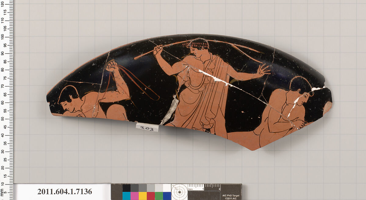 Terracotta fragment of a kylix (drinking cup), Attributed to Makron [Dyfri Williams], Terracotta, Greek, Attic 