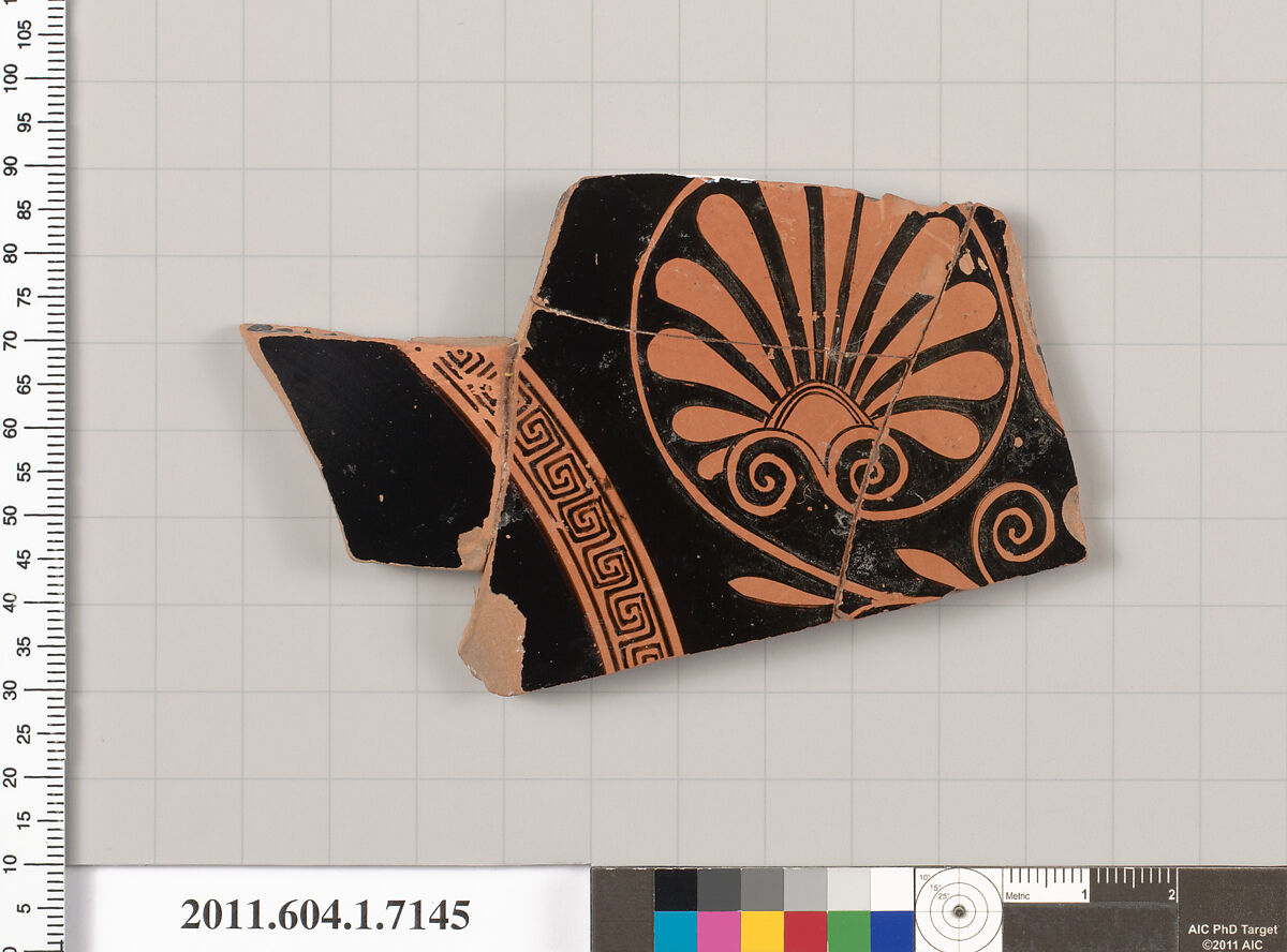 Terracotta fragment of a kylix (drinking cup), Attributed to Makron [DvB], Terracotta, Greek, Attic