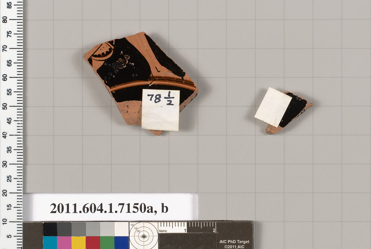 Terracotta fragments of a kylix (drinking cup), Attributed to Makron [DvB], Terracotta, Greek, Attic