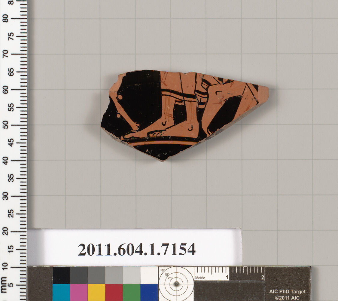 Terracotta fragment of a kylix (drinking cup), Attributed to Makron [DvB], Terracotta, Greek, Attic