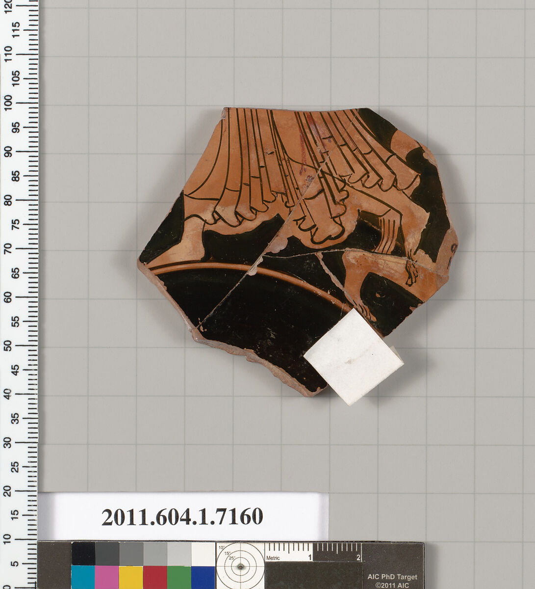 Terracotta fragment of a kylix (drinking cup), Attributed to Makron [DvB], Terracotta, Greek, Attic