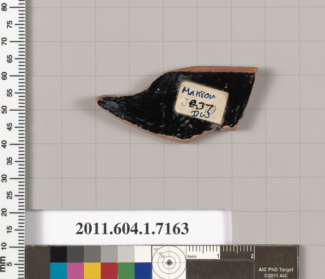 Terracotta rim fragment of a kylix (drinking cup), Attributed to Makron [Dyfri Williams], Terracotta, Greek, Attic