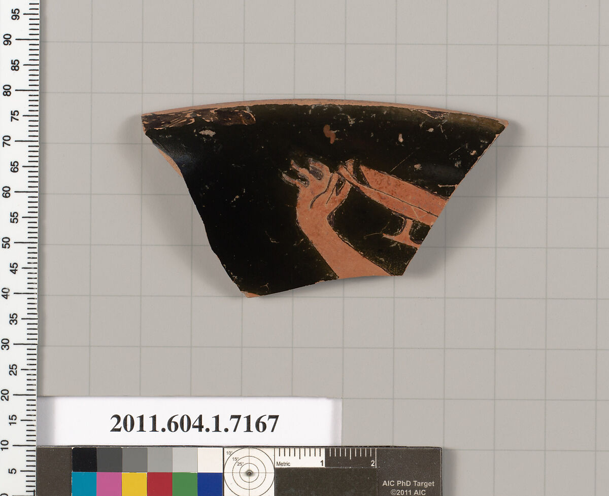 Terracotta rim fragment of a kylix (drinking cup), Attributed to Makron [DvB], Terracotta, Greek, Attic 