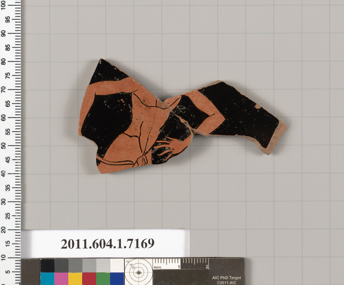 Terracotta fragment of a kylix (drinking cup), Attributed to Makron [DvB], Terracotta, Greek, Attic 