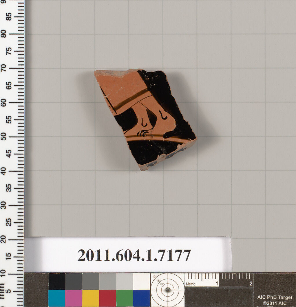 Terracotta fragment of a kylix (drinking cup), Attributed to Makron [DvB], Terracotta, Greek, Attic