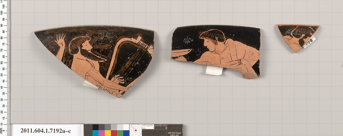 Terracotta rim fragments of a kylix (drinking cup), Attributed to Makron [DvB], Terracotta, Greek, Attic 