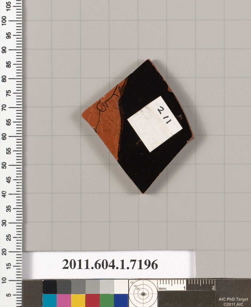 Terracotta fragment of a kylix (drinking cup), Attributed to Makron [DvB], Terracotta, Greek, Attic