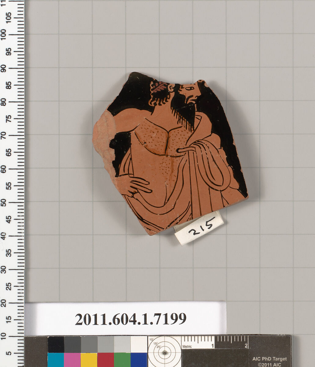 Terracotta fragment of a kylix (drinking cup), Attributed to Makron [DvB], Terracotta, Greek, Attic 