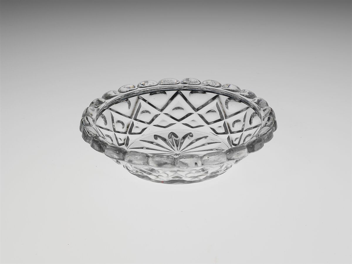 Sauce Dish, Pressed glass, diamond thumbprint, American 