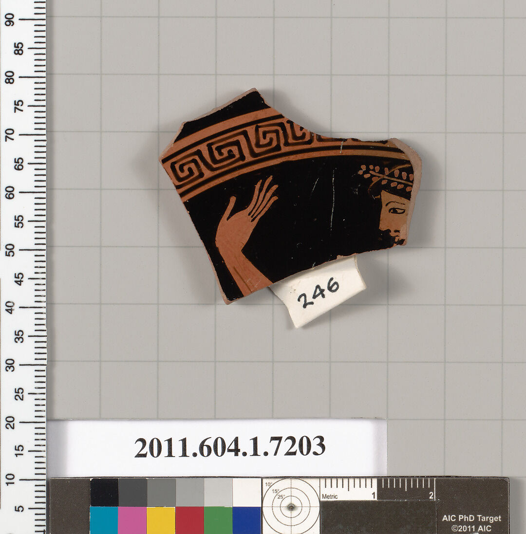 Terracotta fragment of a kylix (drinking cup), Attributed to Makron [DvB], Terracotta, Greek, Attic 