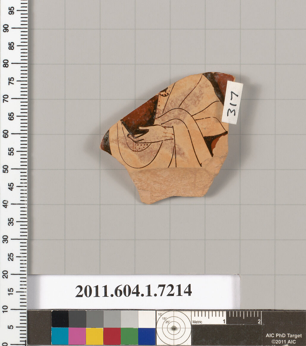 Terracotta fragment of a kylix (drinking cup), Attributed to Makron [DvB], Terracotta, Greek, Attic 