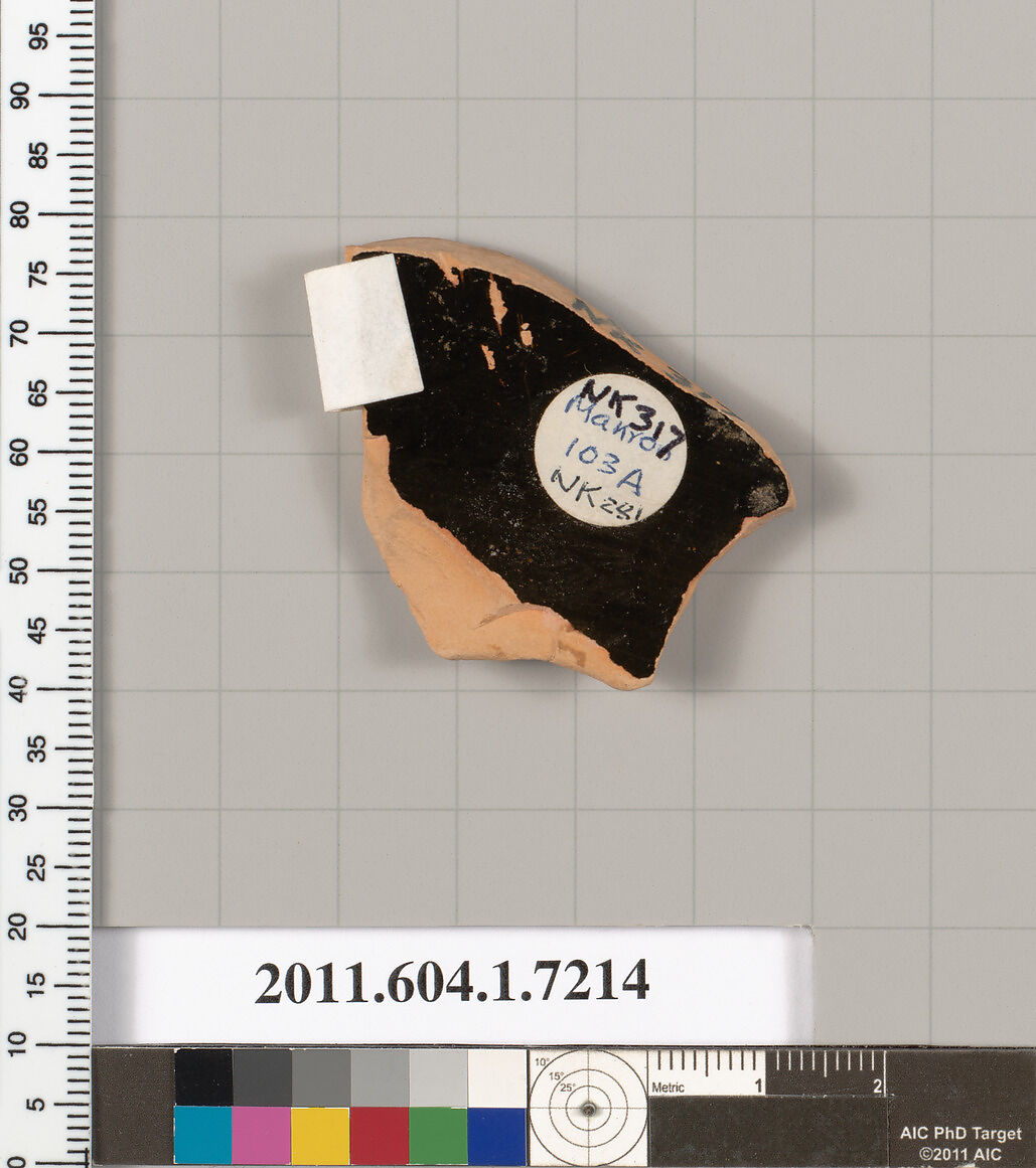 Terracotta fragment of a kylix (drinking cup), Attributed to Makron [DvB], Terracotta, Greek, Attic