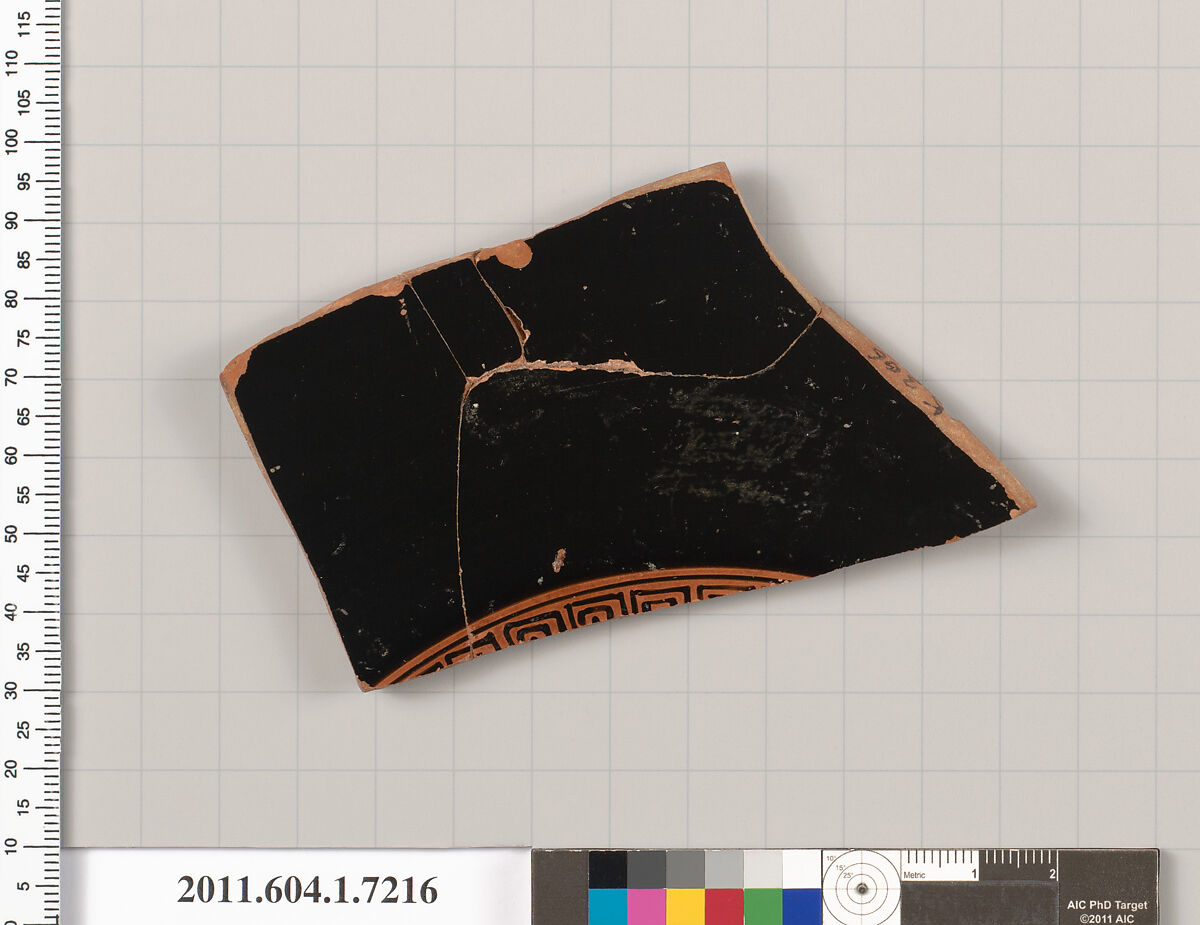 Terracotta fragment of a kylix (drinking cup), Attributed to Makron [DvB], Terracotta, Greek, Attic