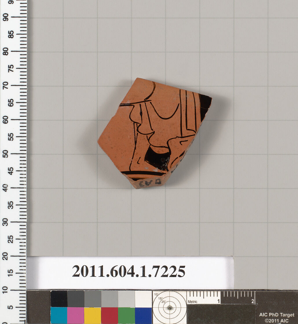 Terracotta fragment of a kylix (drinking cup), Attributed to Makron [DvB], Terracotta, Greek, Attic