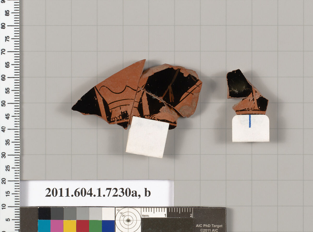 Terracotta fragments of a kylix (drinking cup), Attributed to Makron [DvB], Terracotta, Greek, Attic