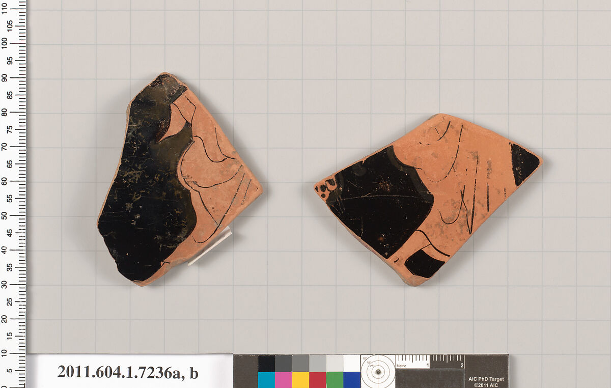 Terracotta fragments of a kylix (drinking cup), Attributed to Makron [DvB], Terracotta, Greek, Attic