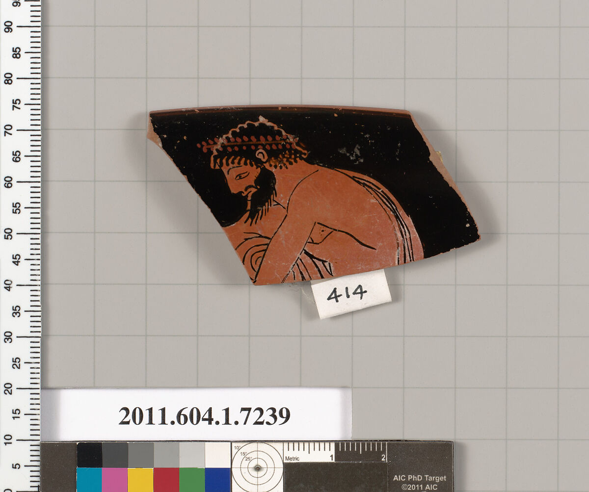 Terracotta rim fragment of a kylix (drinking cup), Attributed to Makron [DvB], Terracotta, Greek, Attic 